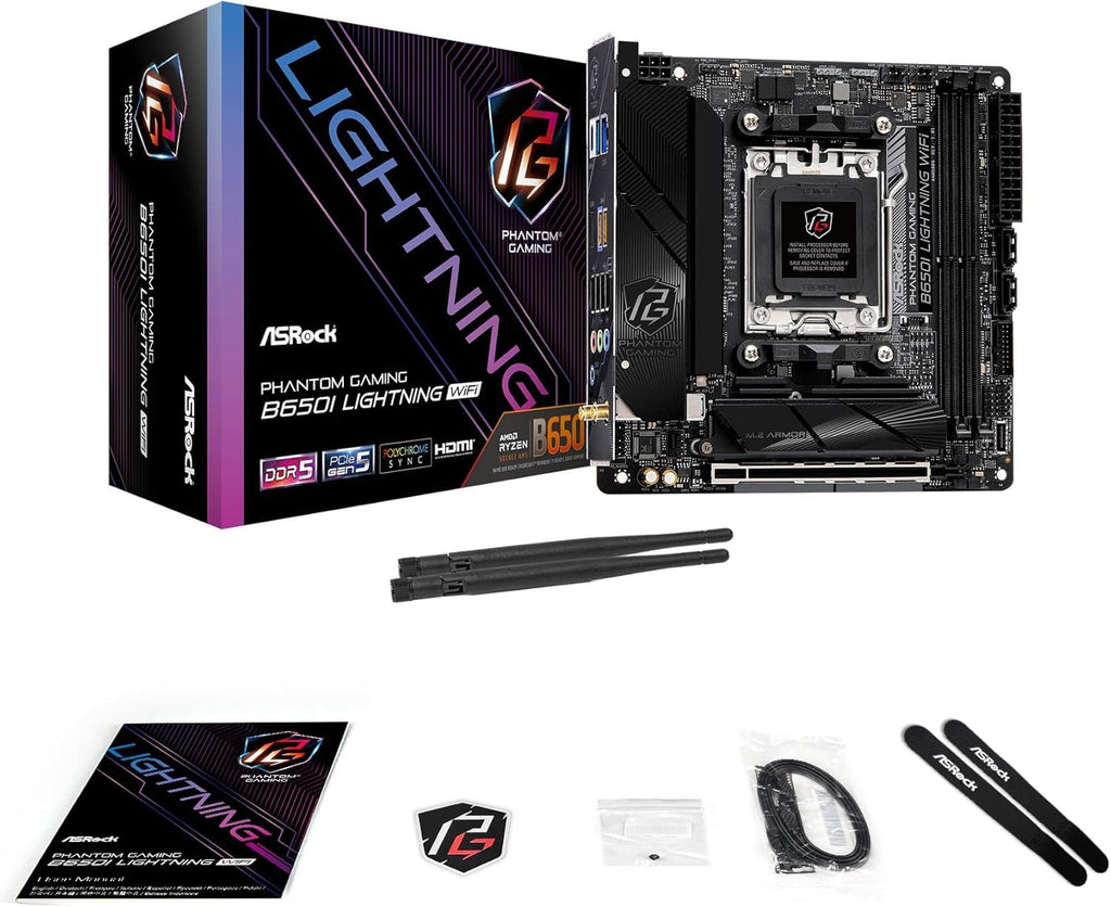 ASRock B650I Lightning WiFi AMD AM5 Mini-ITX Motherboard, Supports AMD Ryzen 9000/8000/7000 Series Processors, DDR5 7200+ (OC), PCIe 5.0 M.2, 2.5G LAN, WiFi 6E, 8+2+1 Power Phase