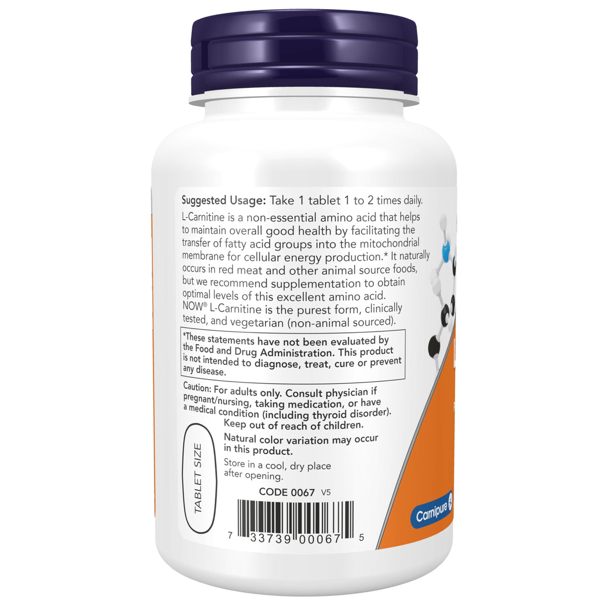 NOW Supplements, L-Carnitine 1,000 mg, Purest Form, Amino Acid, 50 Tabs