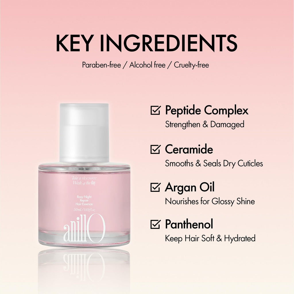 ANILLO Rosy Night Repair Hair Essence with Damask Rose Extract, Rosehip Oil, Peptide Complex for Dry, Damaged, Frizzy Hair - Musky Floral Scent, Vegan, Paraben-Free 50ml / 1.69 fl. Oz
