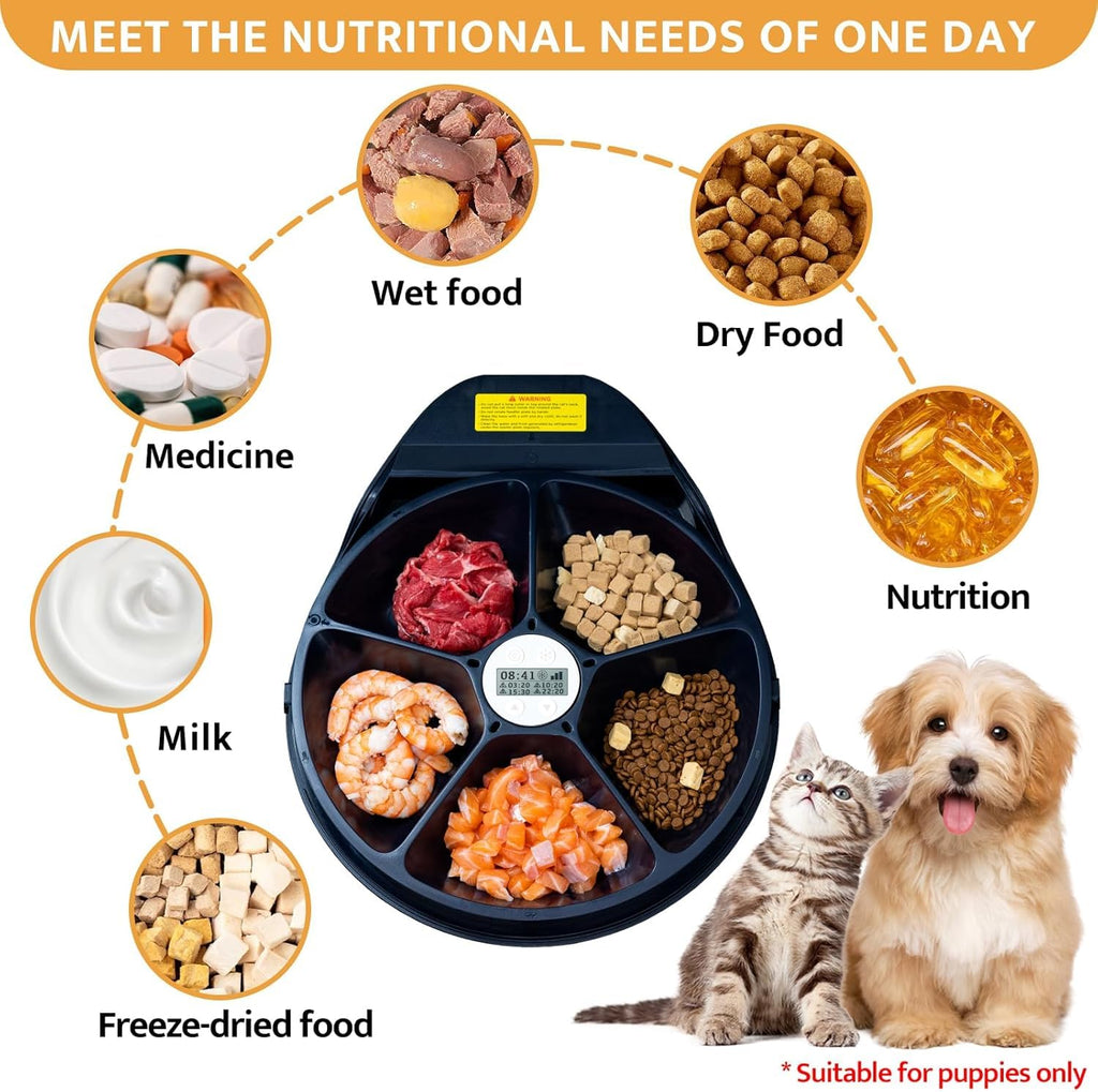Cat Wet Food Automatic Feeder with Cooling, Semiconductor Refrigeration, with Timer, 5 Food Compartments for 330g Pet Food Each, Premium Meal Plates, Washable, for Cats (UBPET)
