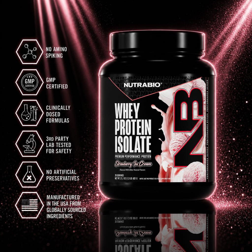 NutraBio 100% Whey Protein Isolate Protein Powder, 25g Protein with Complete Amino Acid Profile, Non-GMO, Soy & Gluten Free, Low Carb, Low Calorie Whey Protein Powder, Strawberry Ice Cream,20 servings
