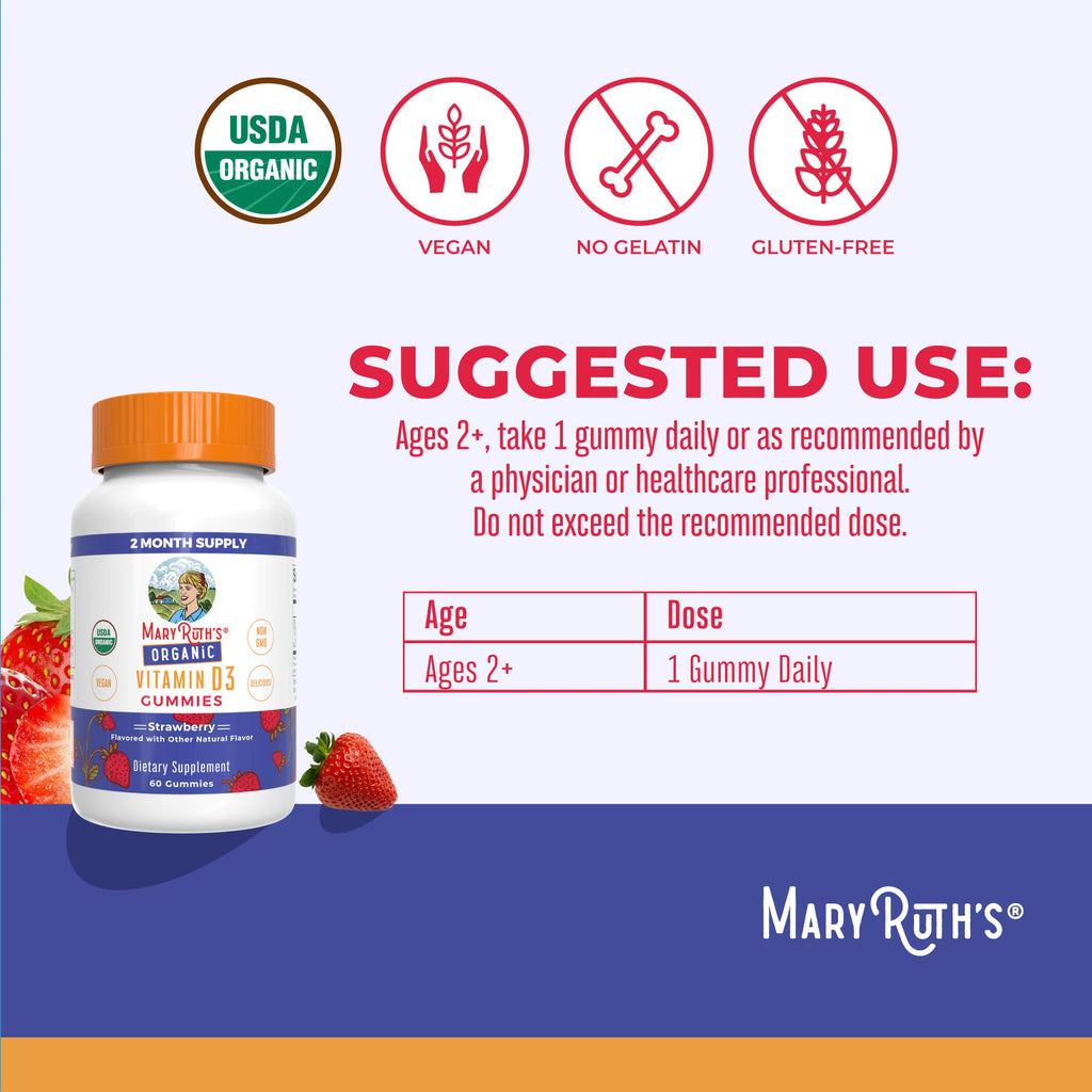 MARYRUTH'S Organic Vitamin D3 Gummies, 1000 IU, Immune Support, 60 Count