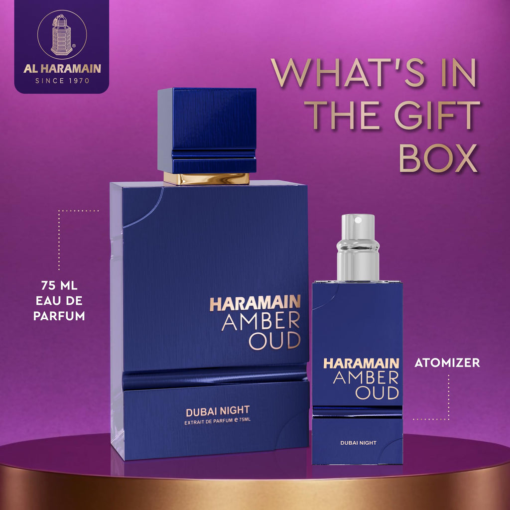 Al Haramain Amber Oud Eau de Parfum 75ml + ATOMIZER – Dubai Night – Unisex Ladies & Mens Cologne – Men/Women's Cologne Spray – Perfume for Men & Women: Amber, Bergamot, Vanilla, White Musk (2.53 oz)