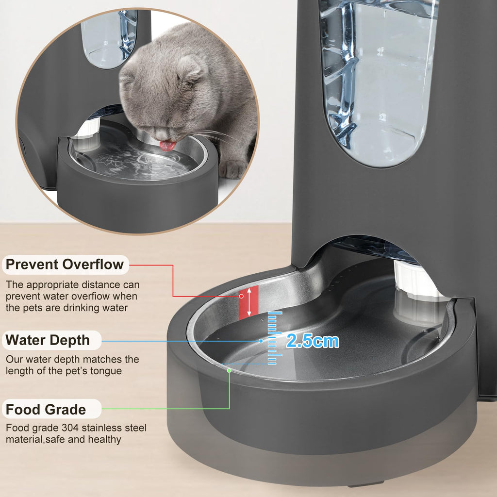 2 Pack Automatic Cat Feeder and Gravity Stainless Steel Water Dispenser, Dog Food Feeder and Waterer Set for Small Medium Puppy Kitten Pets (1 Gallon x 2, Gray)