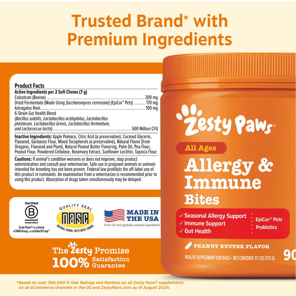 Zesty Paws Allergy Immune Bites - Dog Allergy Chews, Dog Probiotics for Itchy Skin and Ears, Peanut Butter, 90ct