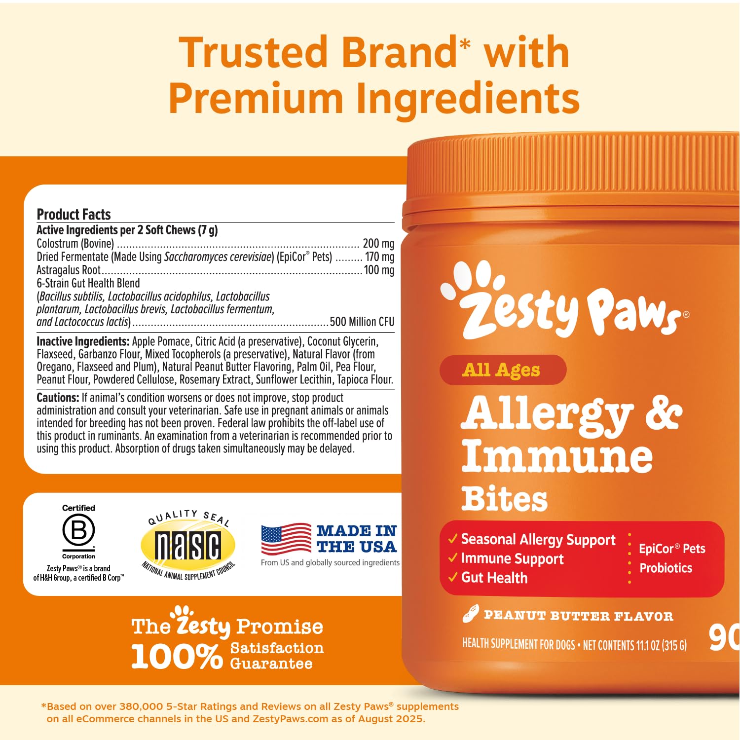 Zesty Paws Allergy Immune Bites - Dog Allergy Chews, Dog Probiotics for Itchy Skin and Ears, Peanut Butter, 90ct