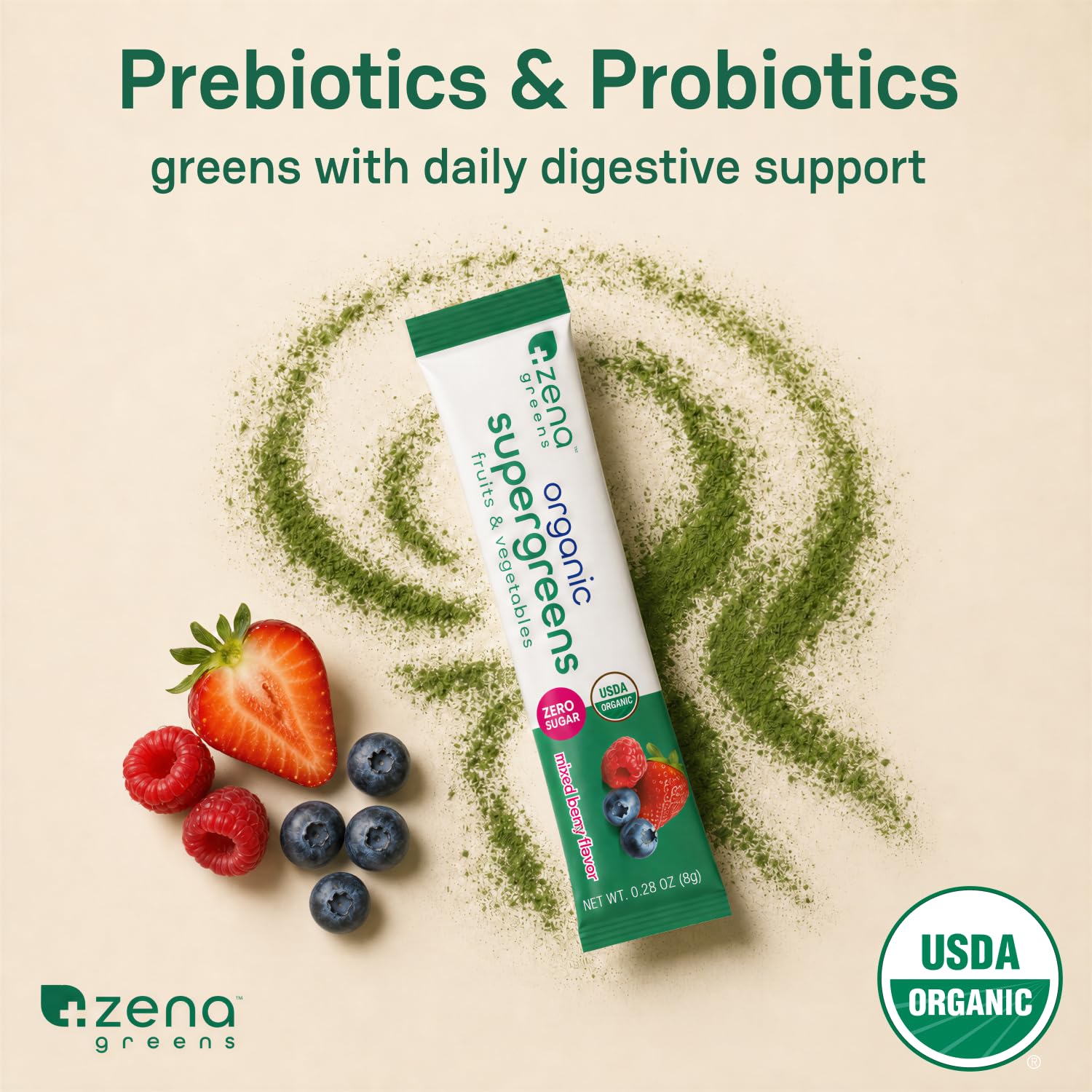 Zena Nutrition Organic Super Greens Fruit & Veggies Supplement, 70+ Superfoods from Fruit & Vegetables, Spirulina, Chlorella, Prebiotics & Probiotics, Digestive Enzymes for Gut Health, 180 Capsules