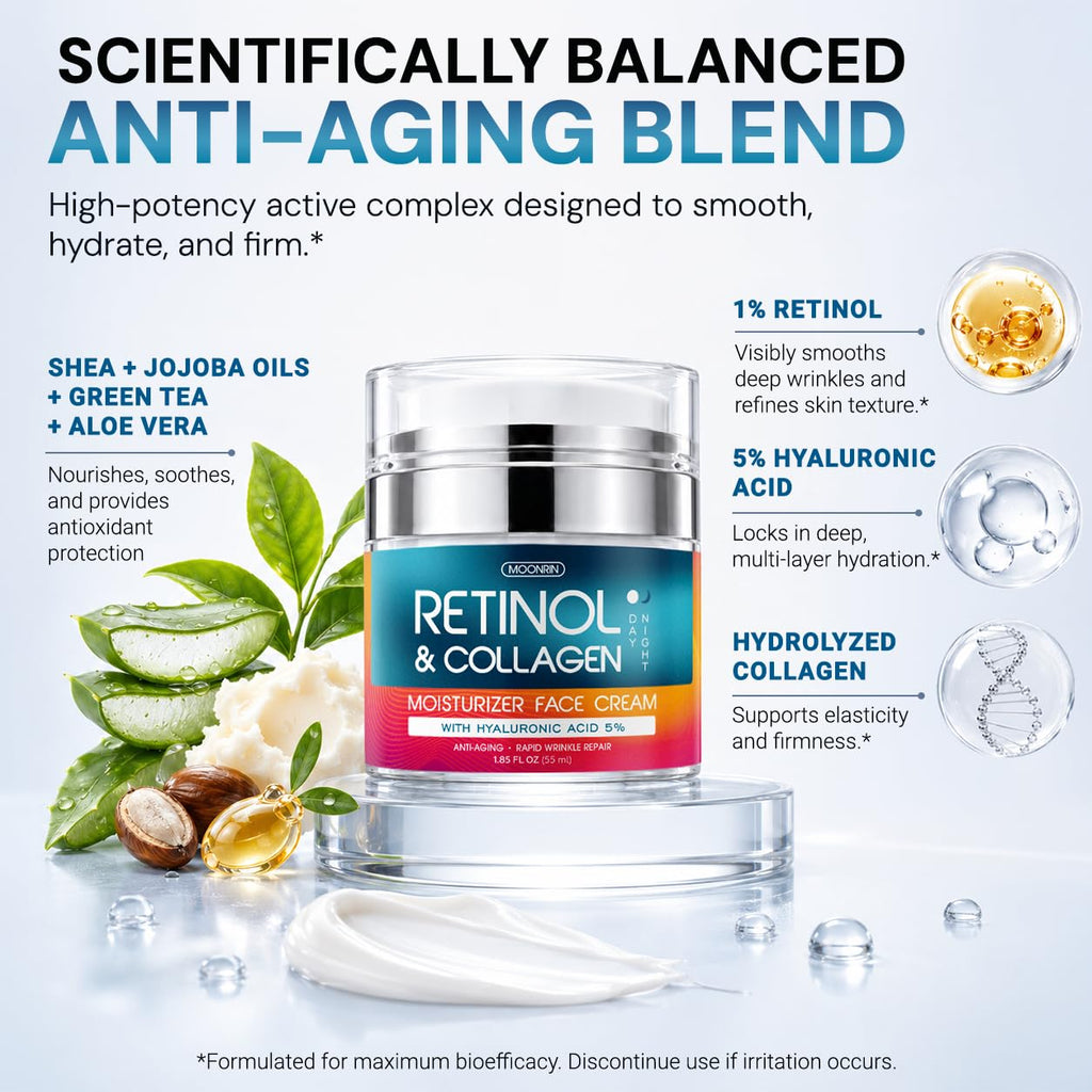 Retinol Cream for Face with Hyaluronic Acid, Day-Night Anti-Aging Moisturizer for Women, Men, Collagen Cream for Face Reduces Wrinkles, Dryness, 1.85 Oz