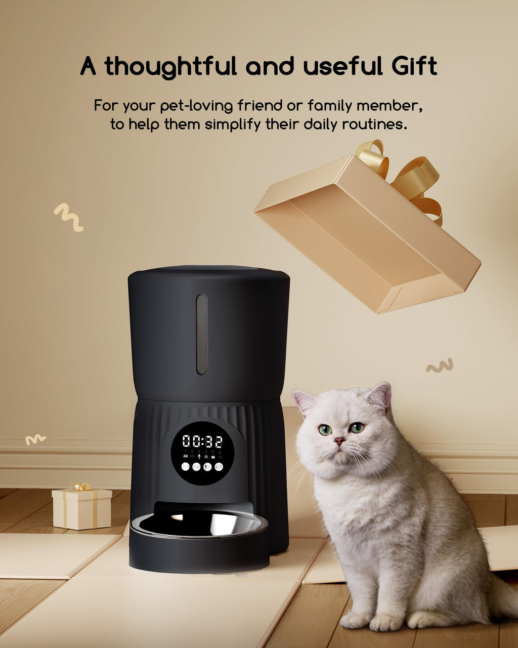 Faroro Automatic Cat Feeder, 4L Cat Food Dispenser with Portion Control, 1-6 Meals Per Day, 10s Voice Recording, Slow Feed, Dual Power Supply for Cats and Small Dogs (Black)
