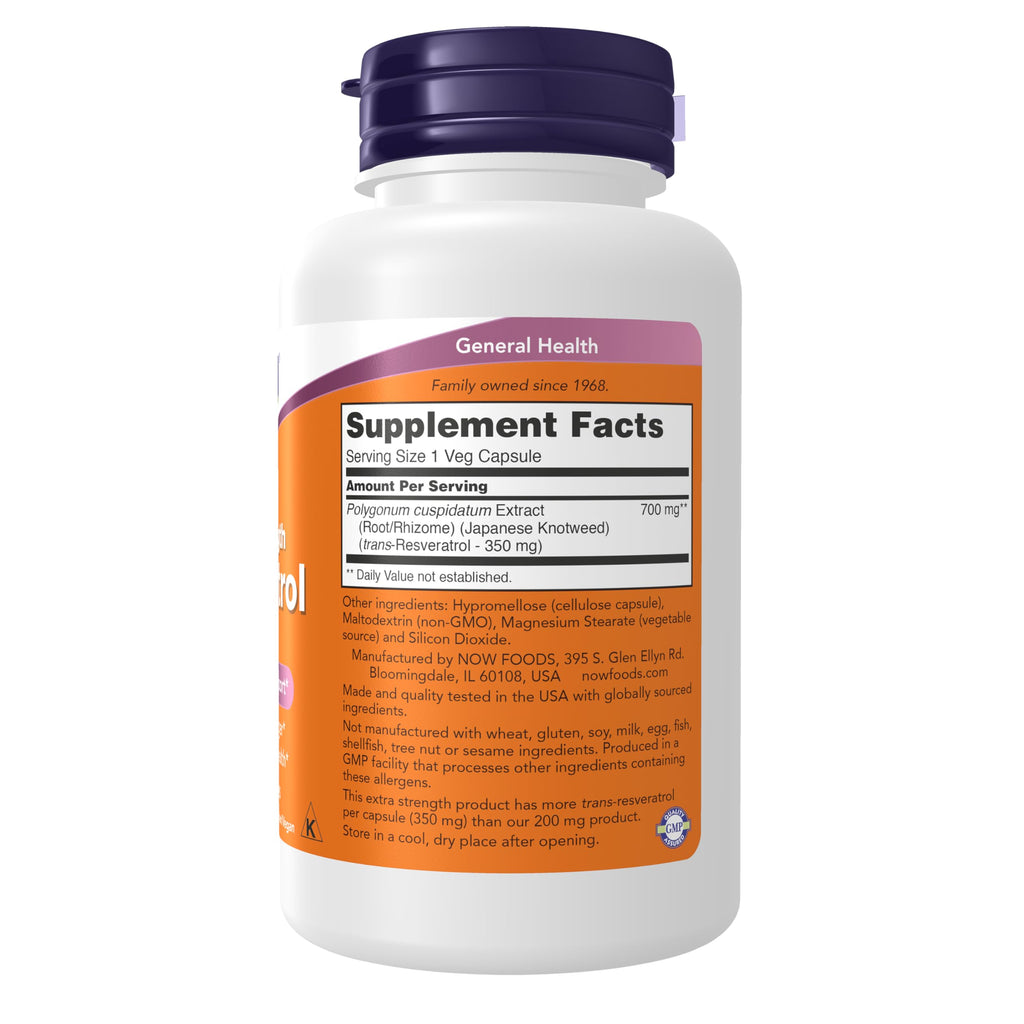 NOW Foods Supplements, Extra Strength Resveratrol 350mg, Natural Trans Resveratrol from 700 mg Japanese Knotweed Extract, 60 Veg Capsule