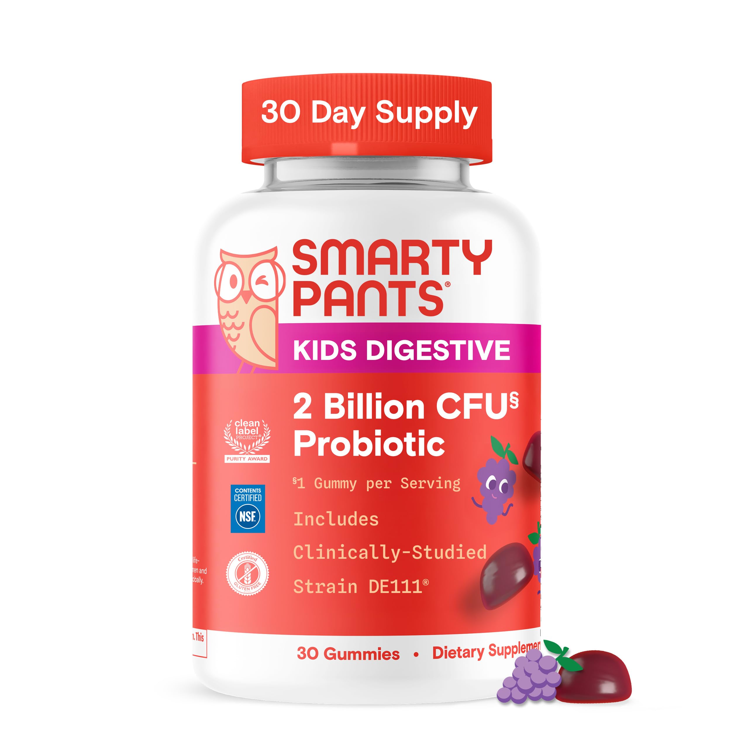 SmartyPants Kids Probiotic Gummies for Digestive Health: 2 Billion CFU Gut Health and Immune Support Supplement, Clinically Studied Probiotic, Gluten Free, Grape, 30 Count (30 Day Supply)