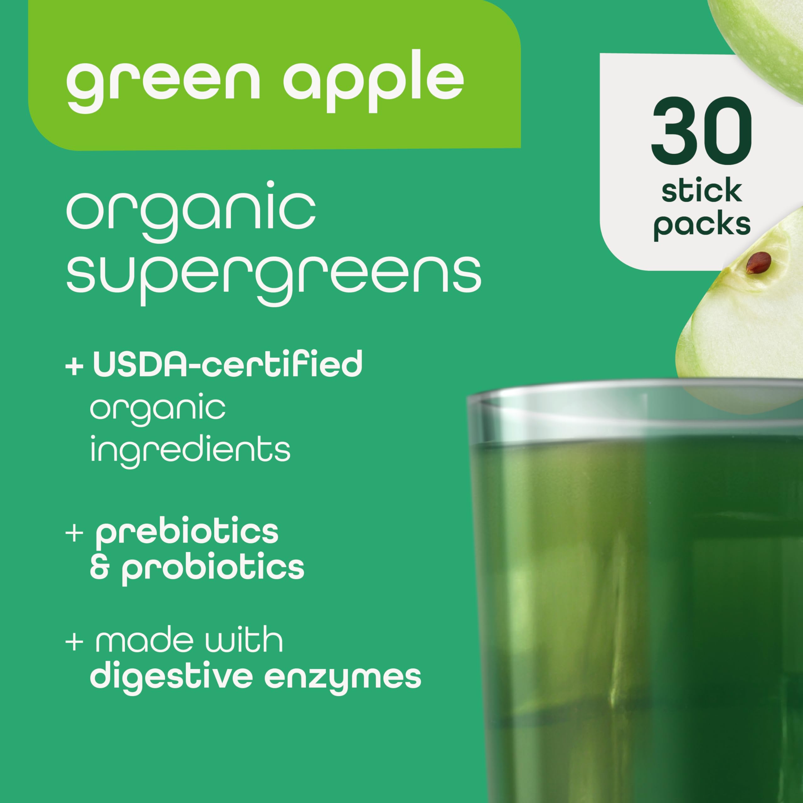 Zena Nutrition Organic Super Greens Powder, 70+ Superfoods, 0 Sugar, 3g Fiber, Spirulina, Chlorella, Mushrooms, Prebiotics/Probiotics, Digestive Enzymes, Gut Health, Green Apple, 30 Drink Mix Packets