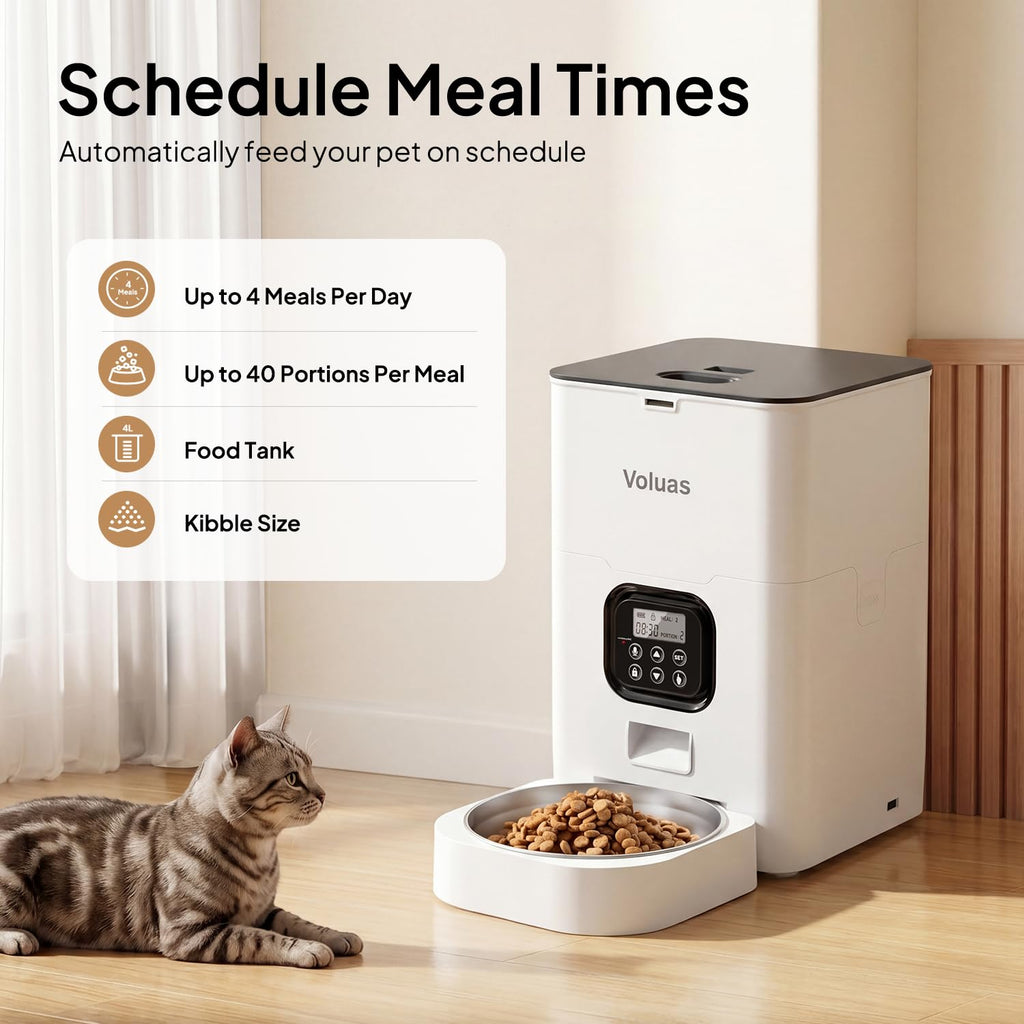 VOLUAS Automatic Cat Feeder, 4L Timed Dry Food Dispenser for Cats & Dogs