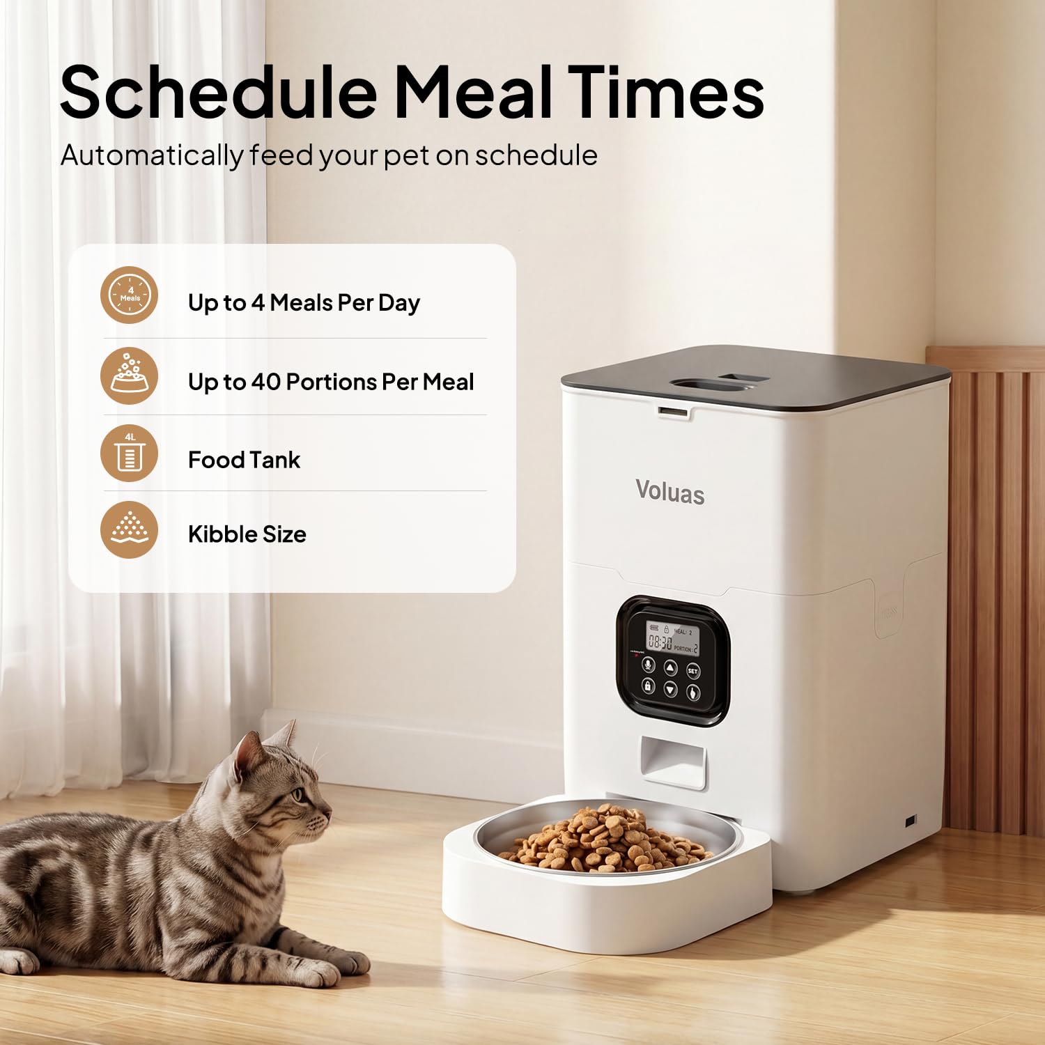 VOLUAS Automatic Cat Feeder, 4L Timed Dry Food Dispenser for Cats & Dogs