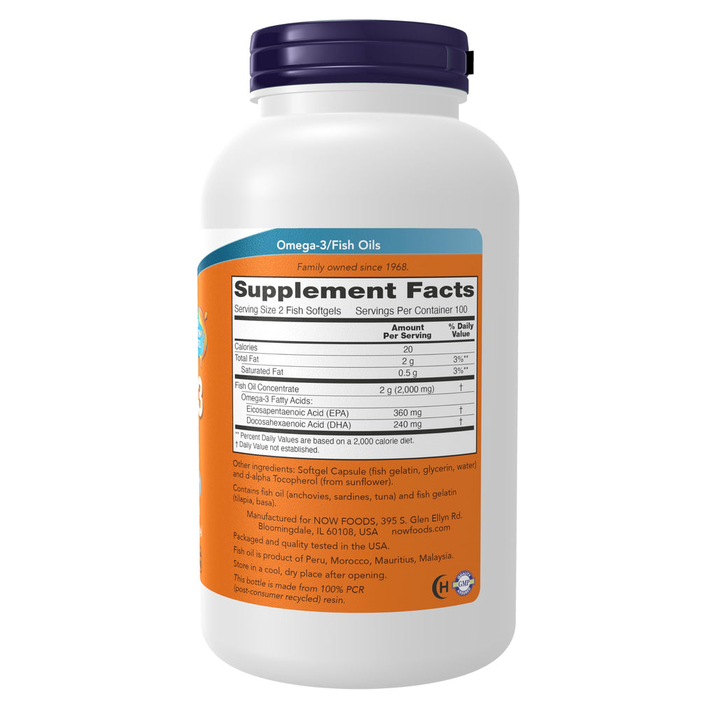 NOW Supplements, Omega-3, Molecularly Distilled, 200 Fish Gelatin Softgels