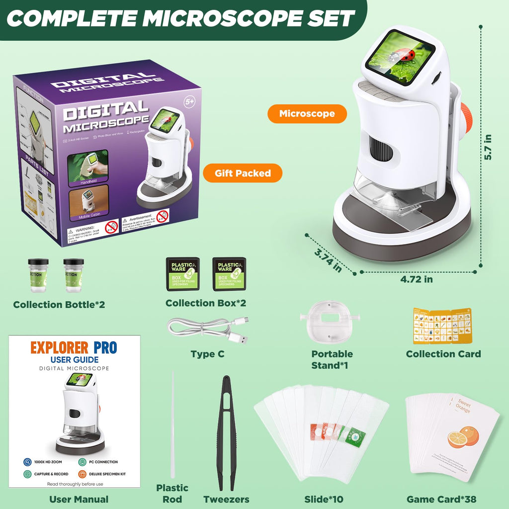 Kids Digital Microscope 1000X 1080P with Screen | Handheld Pocket Microscope for Kids 5-12, Portable Rechargeable STEM Science Kit, Educational Toy Gift for Boys & Girls (2026 New)