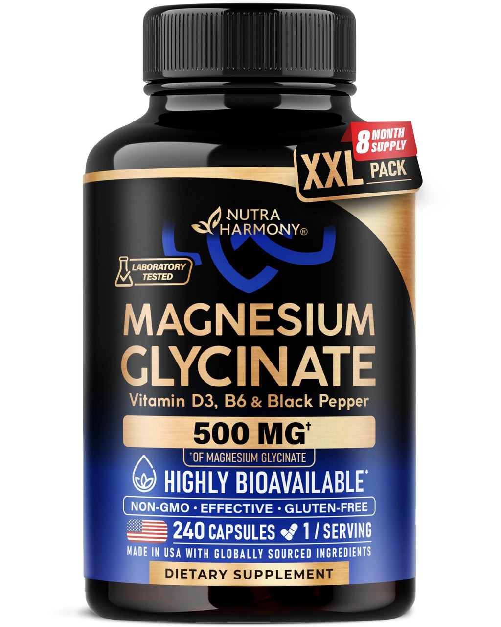 Magnesium Glycinate 500 mg - Chelated Supplement - High Absorption Form of Magnesium - Support for Sleep, Muscle & Heart Health - for Women & Men - Lab Tested & Non-GMO - 240 Capsules