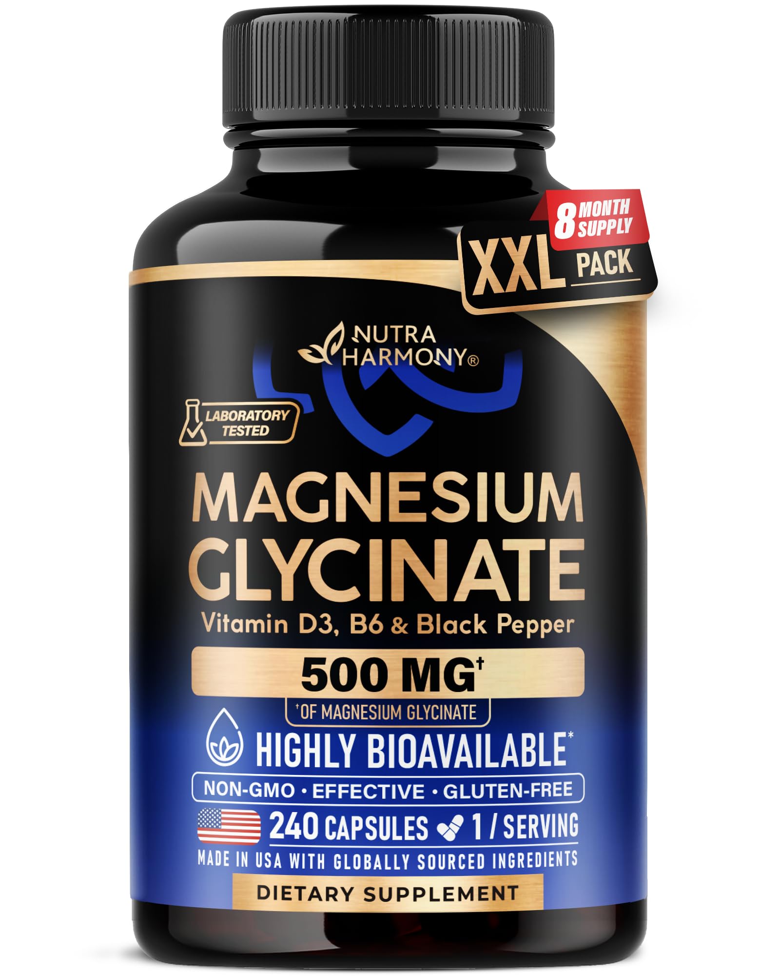 Magnesium Glycinate 500 mg - Chelated Supplement - High Absorption Form of Magnesium - Support for Sleep, Muscle & Heart Health - for Women & Men - Lab Tested & Non-GMO - 240 Capsules