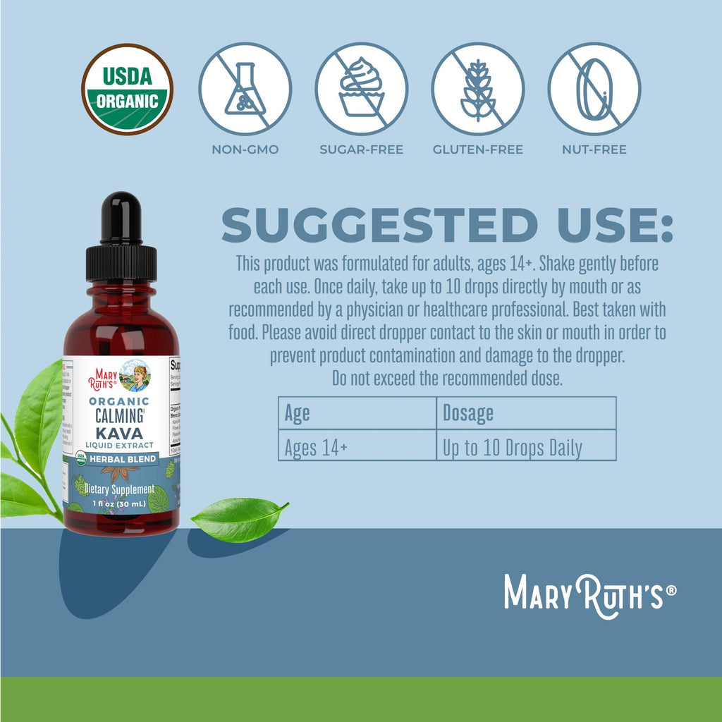 MaryRuth's Calming Kava Liquid Drops | Organic Kava Kava Root + 7 Herbs | Supplement for Sleep, Calm, & Stress Relief | Vegan | USDA Organic | CLP Certified | Non-GMO | Gluten Free | Sugar Free | 1 oz