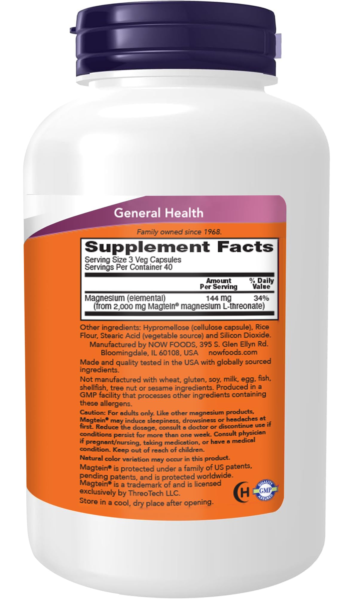 NOW Foods Supplements Magtein, Magnesium L-Threonate, 120 Veg Capsules