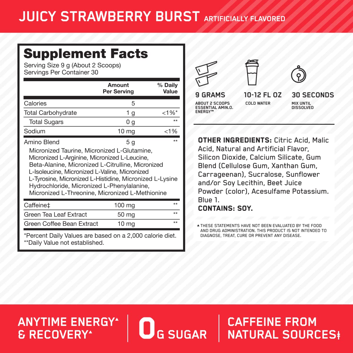 Optimum Nutrition Amino Energy-Pre Workout with Green Tea,BCAA,Amino Acids,Keto Friendly,Green Coffee Extract,Energy Powder-Juicy Strawberry Burst,9.5Ounce,30 Servings,(Pack of 6),(Packaging May Vary)