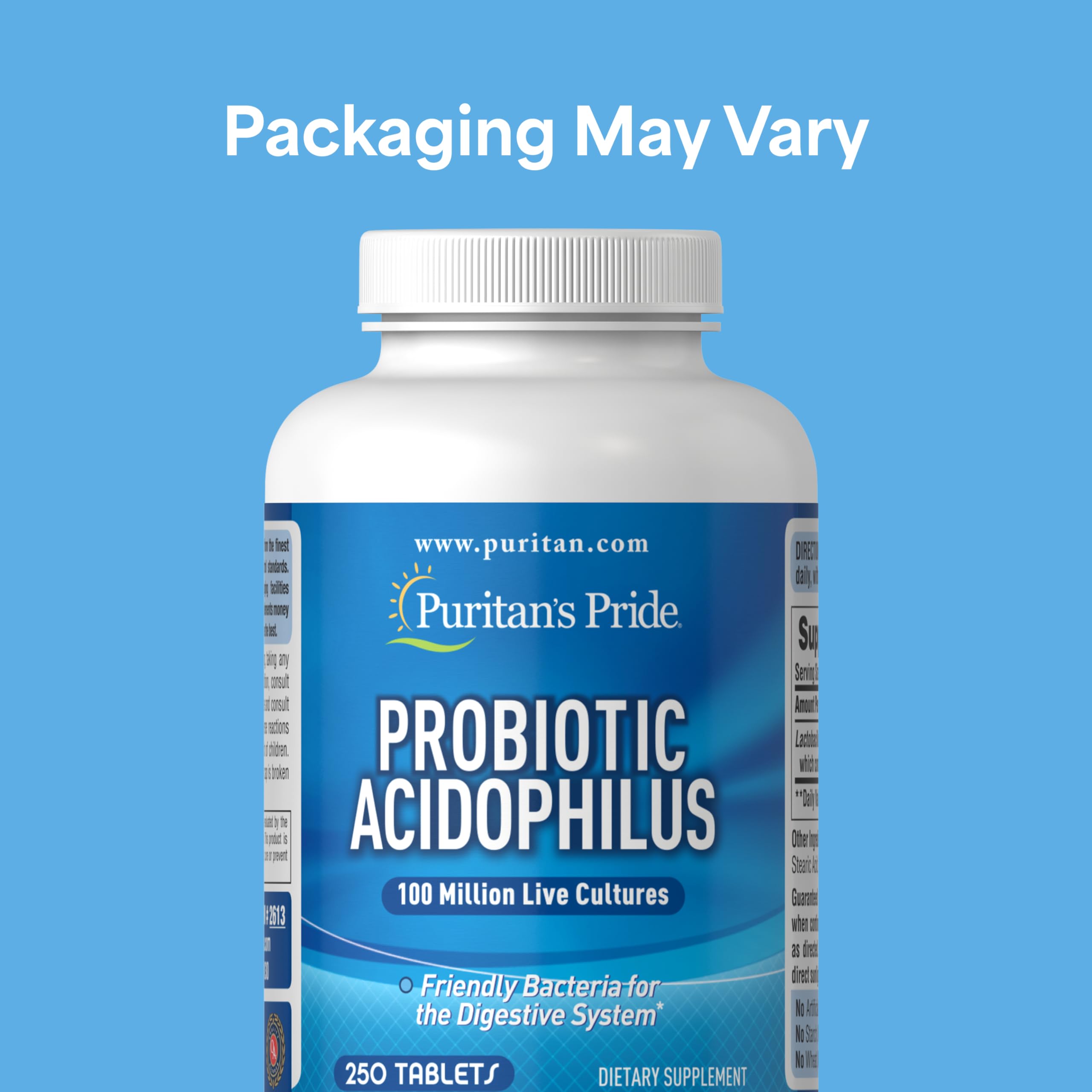 Puritan's Pride Daily Probiotic Acidophilus, 100 Million Live Cultures, Dietary Supplement for Digestive, Gut, and Immune Health, Soy, Sodium, and Gluten Free, 8 Month Supply, 250 Tablets