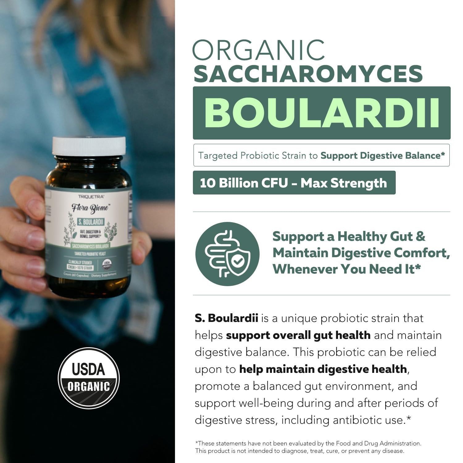Organic Saccharomyces Boulardii - 10 Billion CFU - Clinically Validated CNCM I-1079 Probiotic Strain - Gut, Digestion & Healthy Bowel Support - First Organic Form of S. Boulardii Probiotic - 60 Count