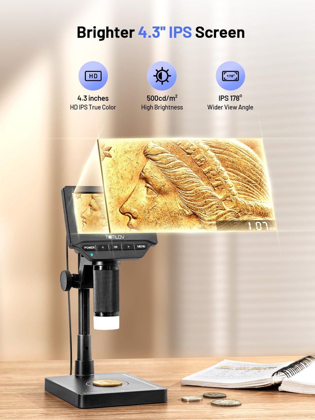 TOMLOV DM4W Microscope with Weighing Scale: 4.3" Digital Coin Microscope with Screen, Error Coin Magnifier with Lights, Weight Scale for Collectors, Jeweler, Students, Compatible with Windows/Mac