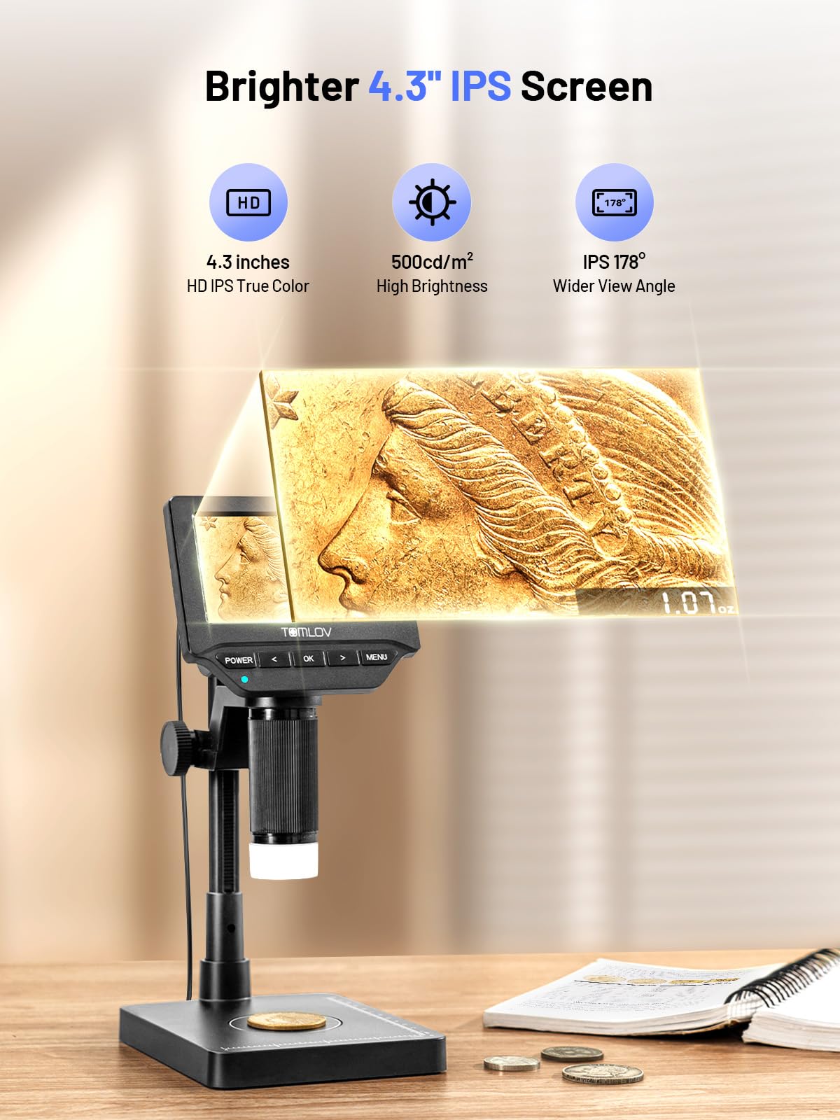 TOMLOV DM4W Microscope with Weighing Scale: 4.3" Digital Coin Microscope with Screen, Error Coin Magnifier with Lights, Weight Scale for Collectors, Jeweler, Students, Compatible with Windows/Mac