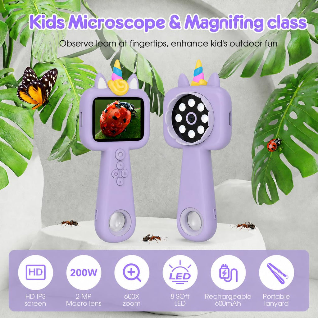 Vivid Glass 2.4" Screen Kids Microscope, 4K Handheld Digital Microscope