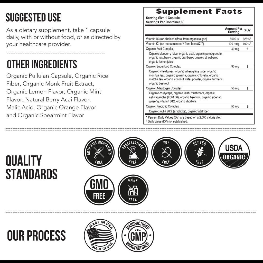 Organic Plant D3 + K2 | 5000 iu D3 + 120 mcg K2 as All-Trans MK7 from MenaQ7® - 100% Whole Food, Raw & Vegan | Enhanced Digestion with Prebiotic & Superfood Complex – D3 from Organic Algae (60 Count)
