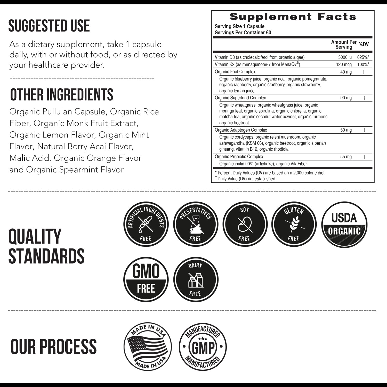 Organic Plant D3 + K2 | 5000 iu D3 + 120 mcg K2 as All-Trans MK7 from MenaQ7® - 100% Whole Food, Raw & Vegan | Enhanced Digestion with Prebiotic & Superfood Complex – D3 from Organic Algae (60 Count)