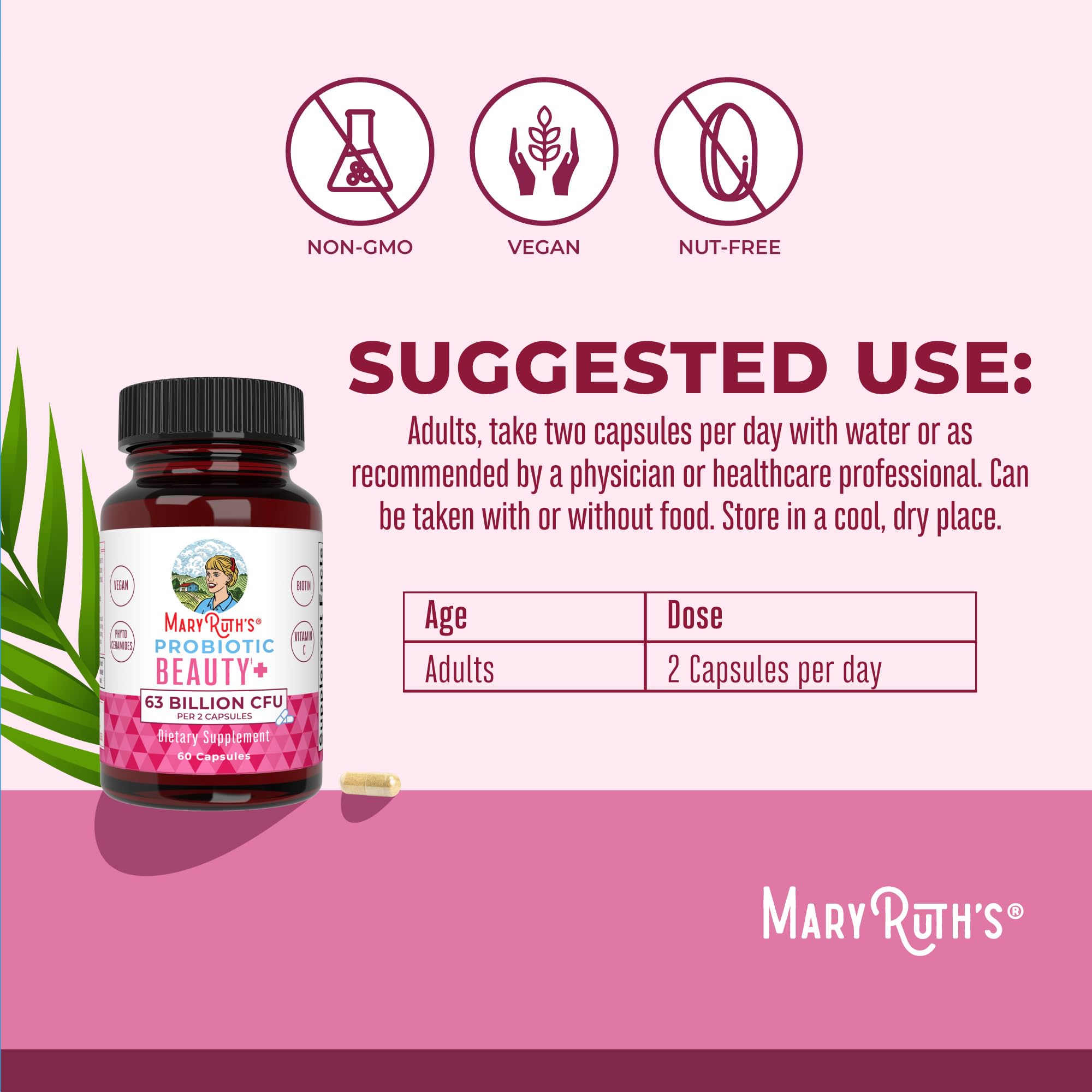 MARYRUTH'S Probiotic Beauty Capsules, Gut Health, Vegan Collagen Support