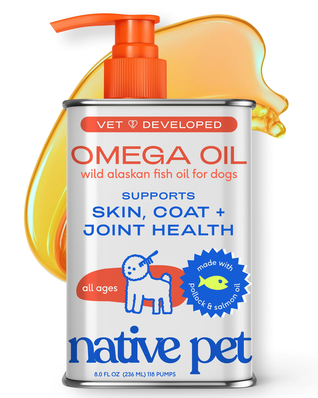 Native Pet Omega 3 Fish Oil for Dogs & Cats – Wild Alaskan Salmon Oil for Dogs Skin and Coat, Supports Joints, Heart & Shedding – Fast-Absorbing Omega 3 6 9 Liquid Supplement – 8oz
