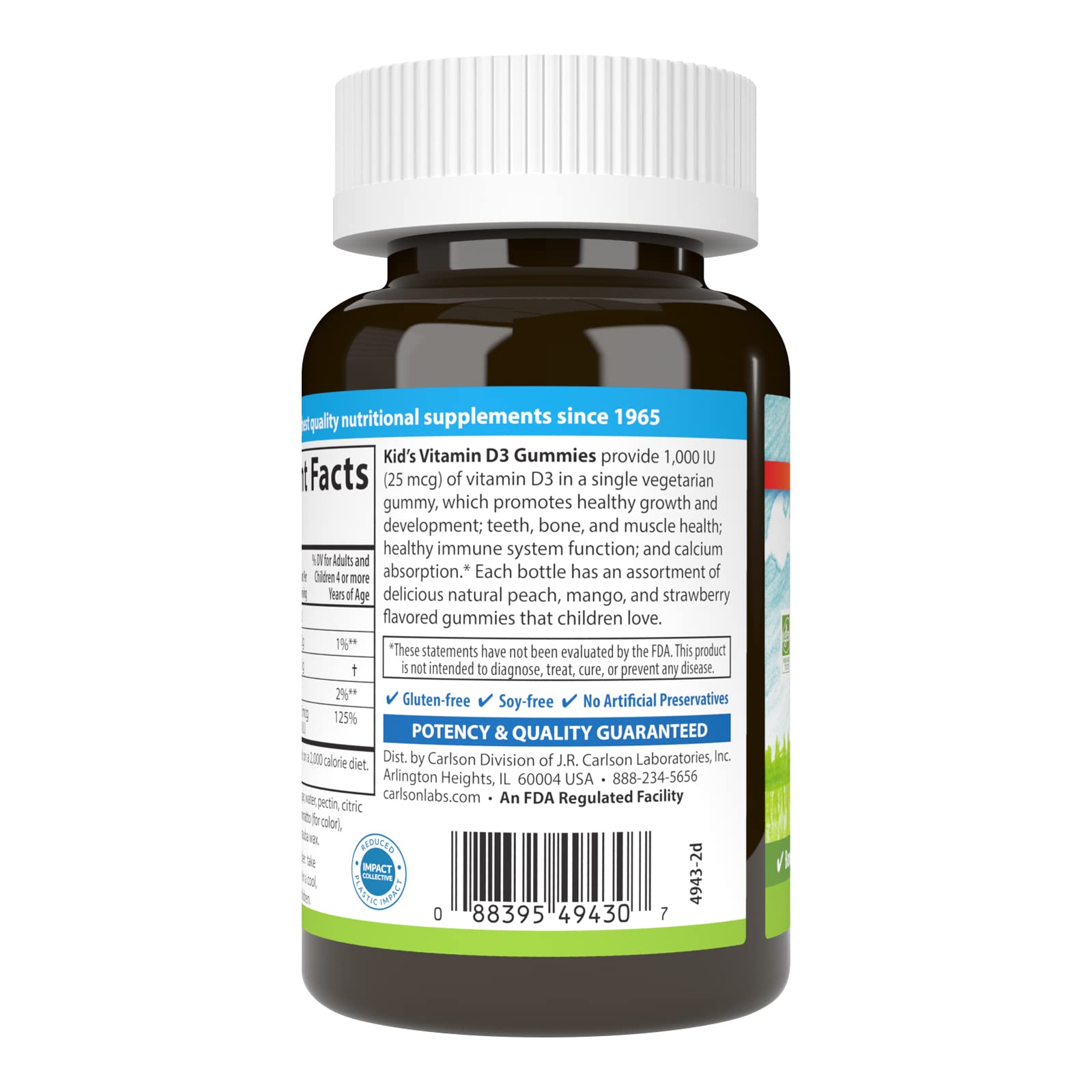 Carlson Kid's Vitamin D3 Gummies, 1000 IU (25 mcg), 60 Vegetarian Gummies