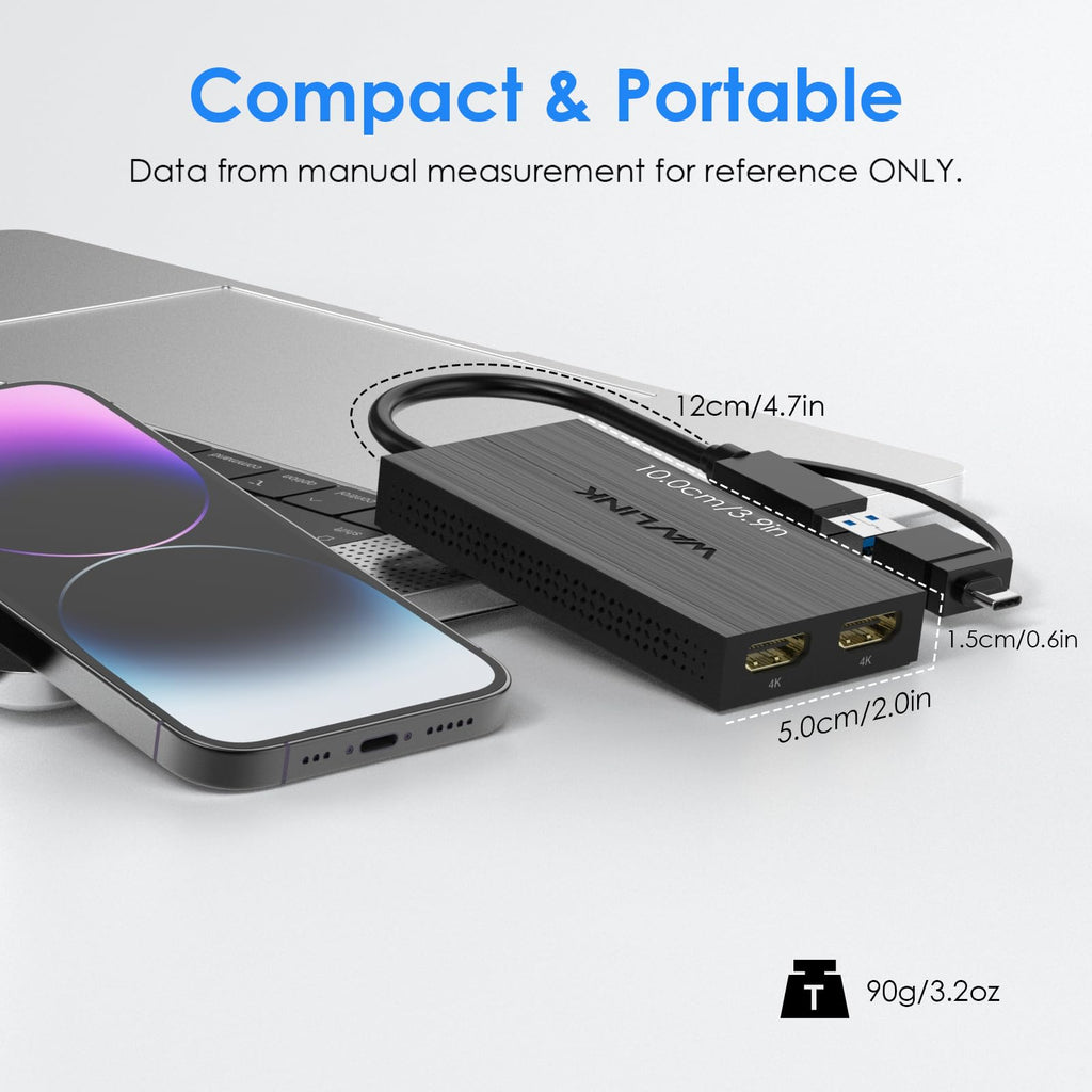 WAVLINK USB 3.0 & USB C to Dual HDMI Adapter 4K@60Hz for Dual Monitor, DisplayLink USB C HDMI Adapter for Apple Mac M1-M5/Macbook Neo, Windows 10/11, ChromeOS (No Linux/iPad/iOS/HDCP), Driver Required