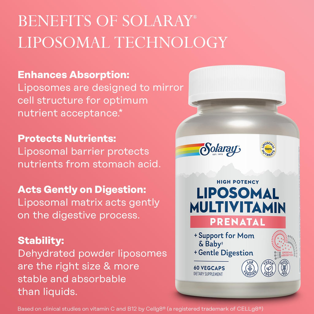 SOLARAY Liposomal Multivitamin Prenatal - Support for Mom & Baby with Prenatal Vitamins for Women, Folic Acid & Iron - High Potency, Gentle Digestion - 60-Day Guarantee - 30 Servings, 60 VegCaps