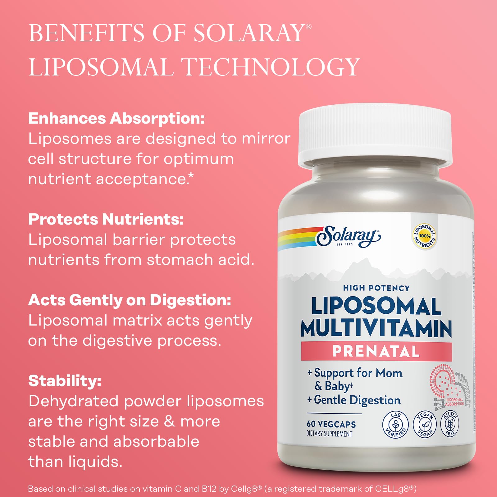 SOLARAY Liposomal Multivitamin Prenatal - Support for Mom & Baby with Prenatal Vitamins for Women, Folic Acid & Iron - High Potency, Gentle Digestion - 60-Day Guarantee - 30 Servings, 60 VegCaps