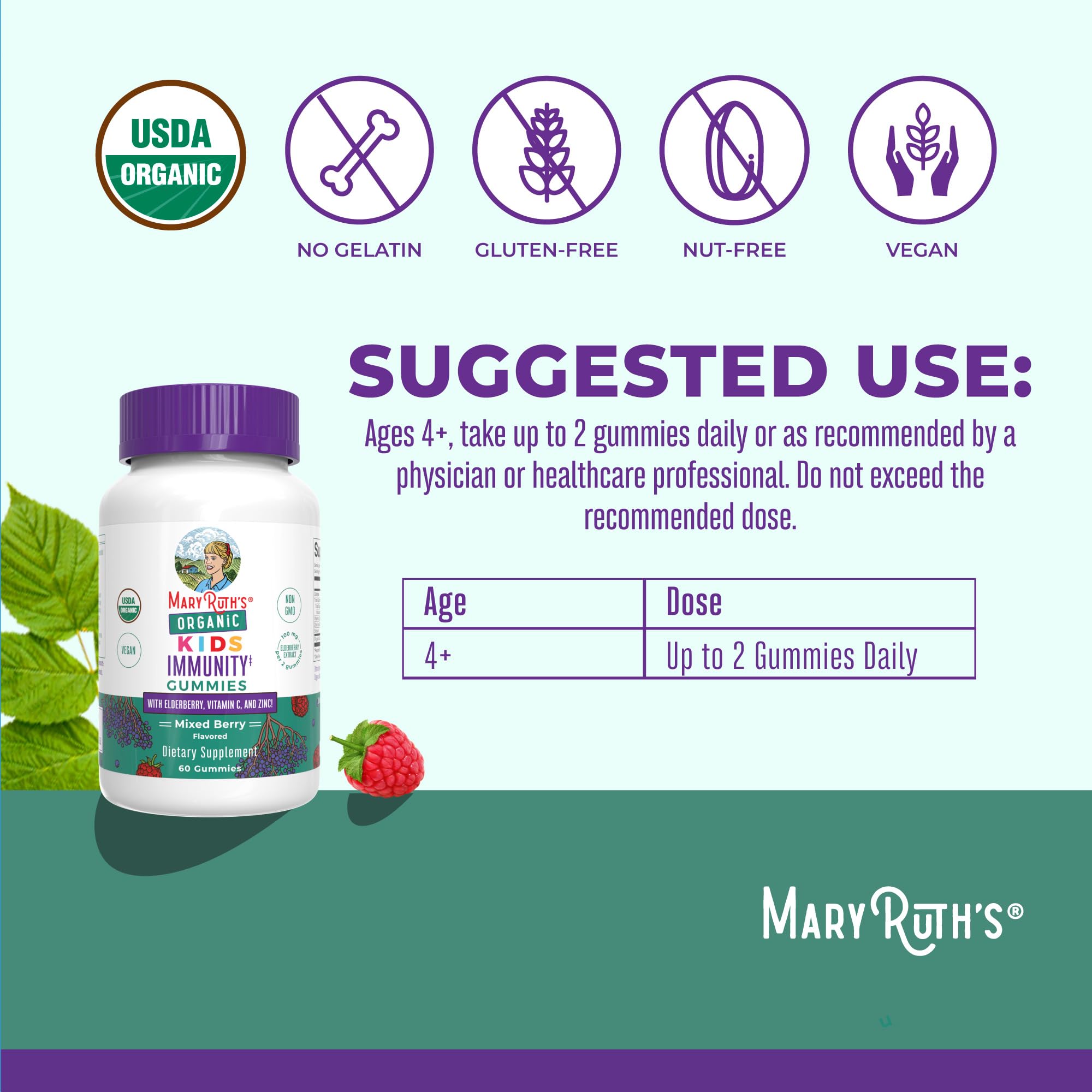 MARYRUTH'S Organic Kids Immune Support Gummies with Elderberry, 60 Count