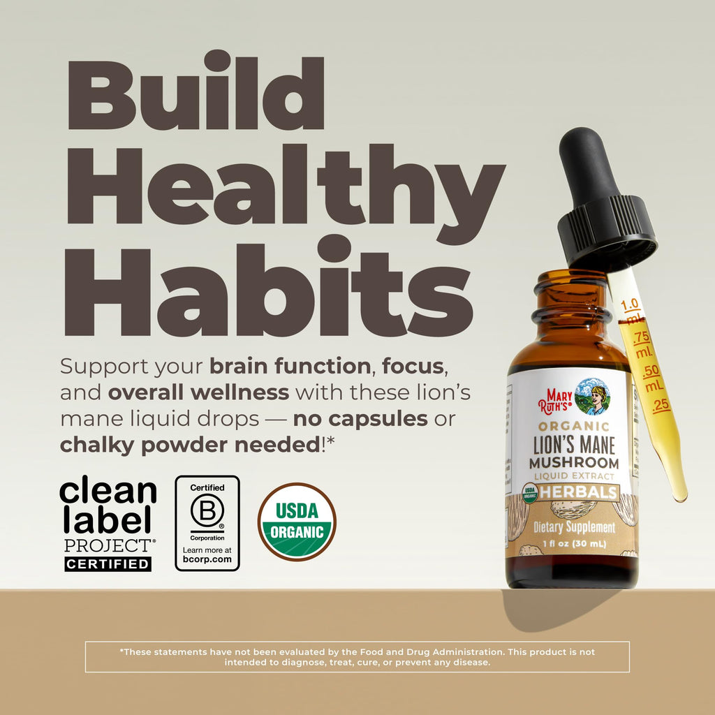 MARYRUTH'S Lions Mane Mushroom Supplement Liquid Drops 1 Fl Oz, Non-GMO