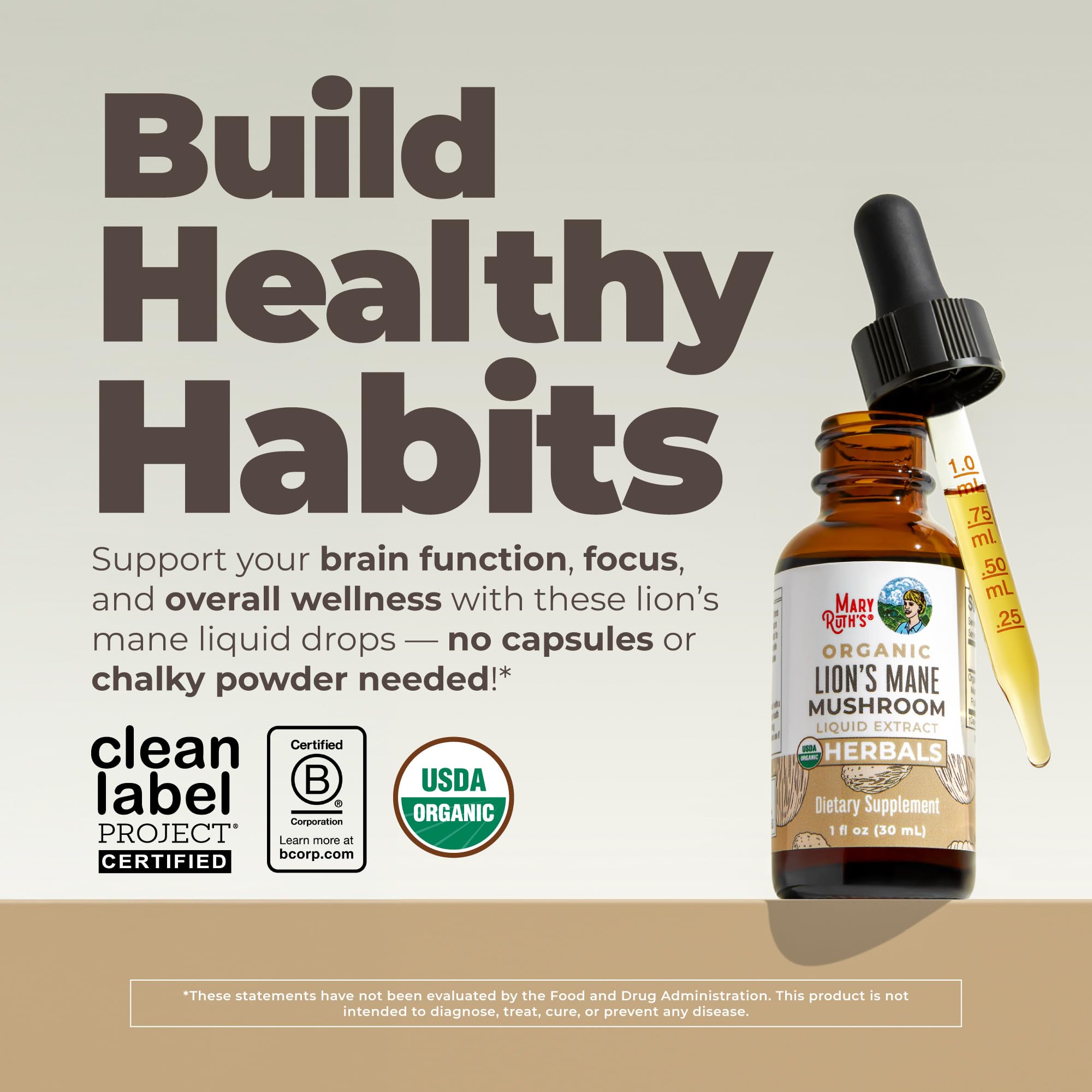 MARYRUTH'S Lions Mane Mushroom Supplement Liquid Drops 1 Fl Oz, Non-GMO
