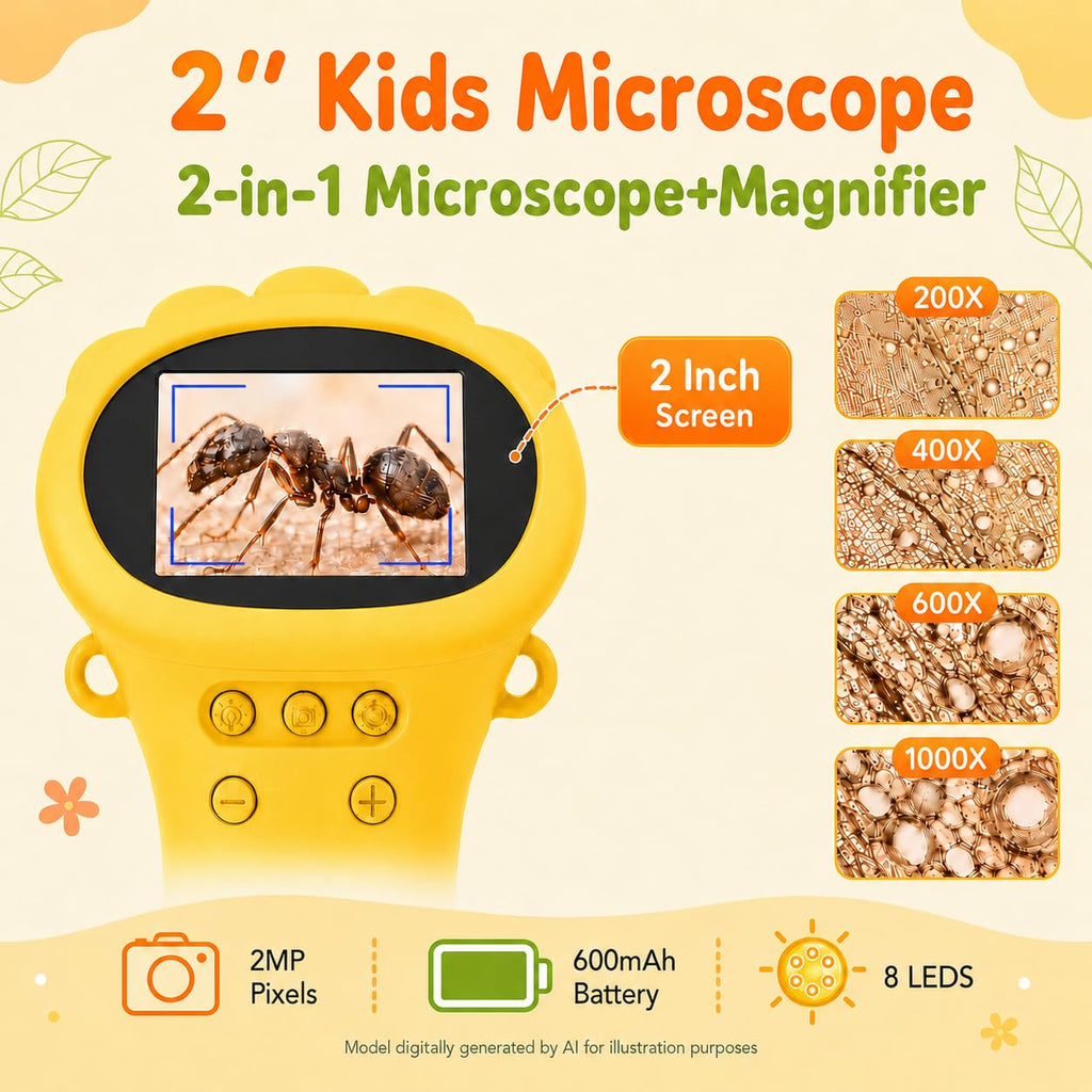 1000X Microscope for Kids, 2'' Screen Kids Wonder Quest Microscope Camera, Digital Handheld Microscope, Educational Kids Magnifying Glass, Christmas Birthday Gifts for Age 3 4 5 6 7 8 9 10- Yellow