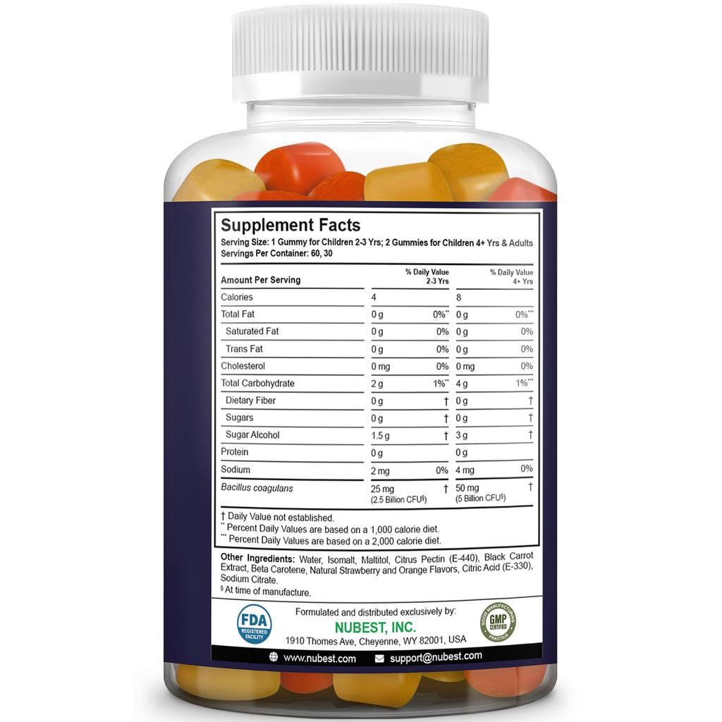 NuBest Daily Probiotic Gummies for Kids & Teens with 5 Billion CFUs | Supports Immune, Gut, and Digestive Health | No Added Sugar | Yummy Strawberry & Orange Flavors | 60 Premium Vegan Gummies