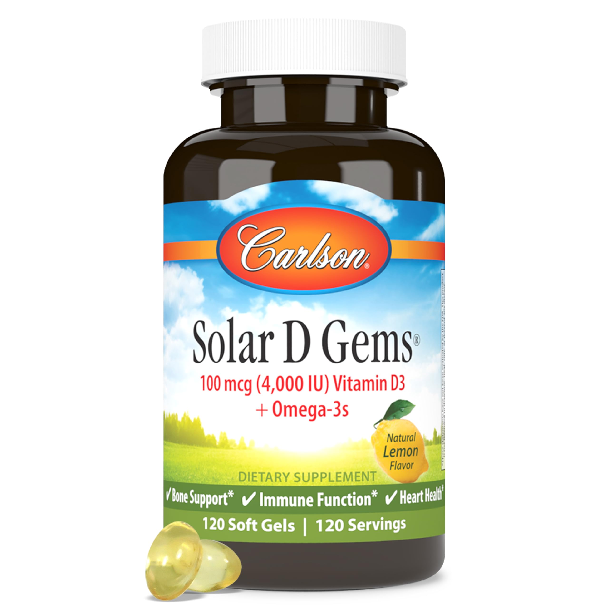 Carlson Solar D Gems, 4000 IU (100 mcg) Vitamin D3, Lemon, 120 Softgels