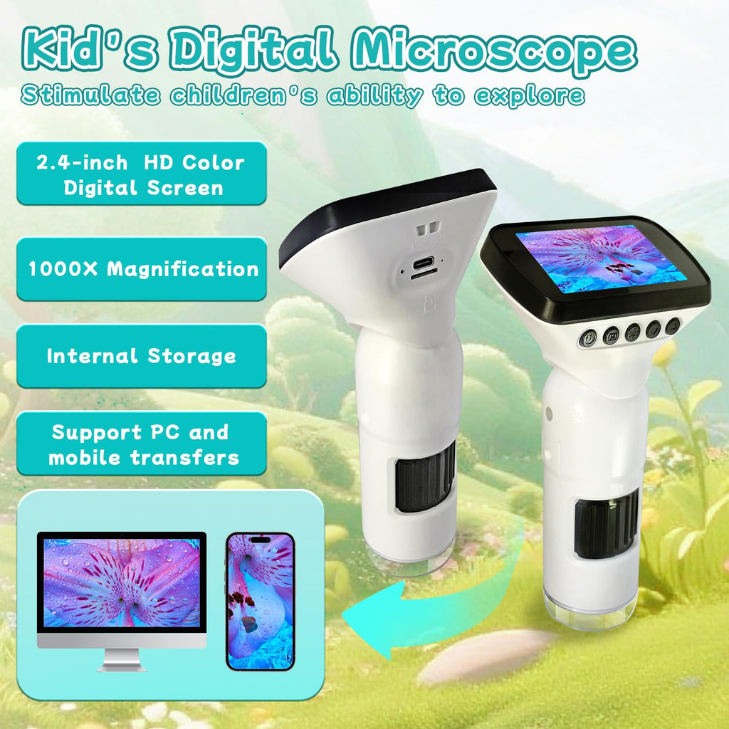 GEMUFO Microscope for Kids with 12 Slides, 200X-1000X,2.4" Screen Digital Handheld Kids Microscope Kit, Portable Pocket Removable Miniscope Science Toys Gifts for for 3 4 5 6 7 8 9 10 11 12 Year Old