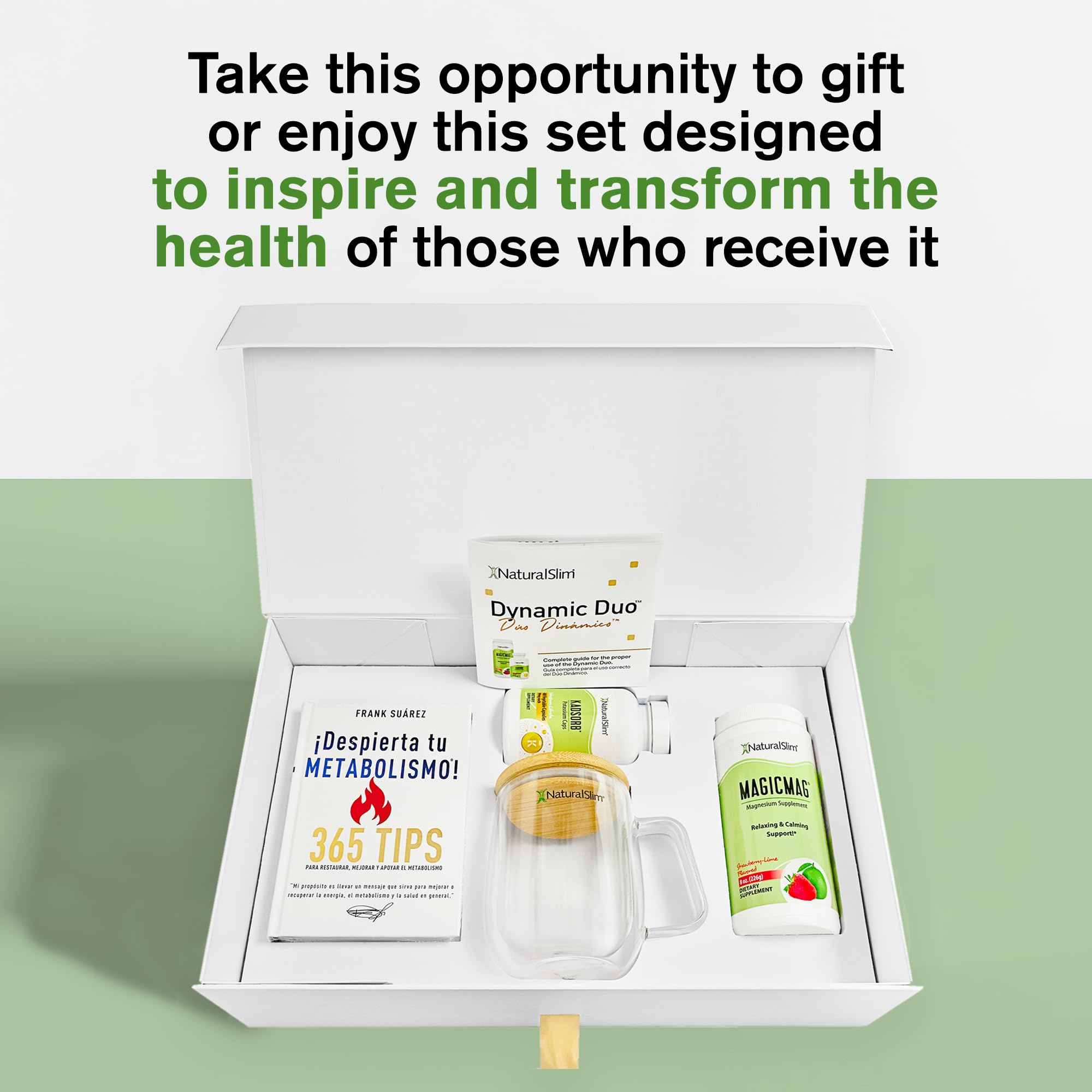 NaturalSlim Dynamic Duo Gift Set – Magnesium Powder, Potassium Capsules, Despierta tu Book, Double Glass Mug & Premium Gift Box | Educational Wellness Bundle Inspired by Frank Suárez