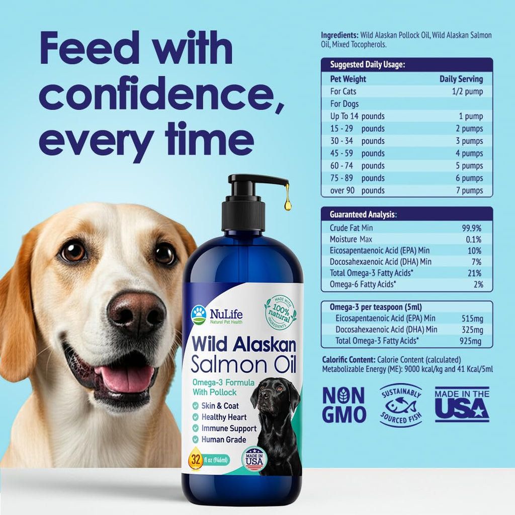 Pure Wild Alaskan Salmon Oil for Dogs - Omega 3 Formula - Dog Fish Oil Liquid - Skin and Coat Supplement for Shedding - Dry Itchy Skin and Allergies - EPA + DHA Fatty Acids - 32 oz Pump Bottle