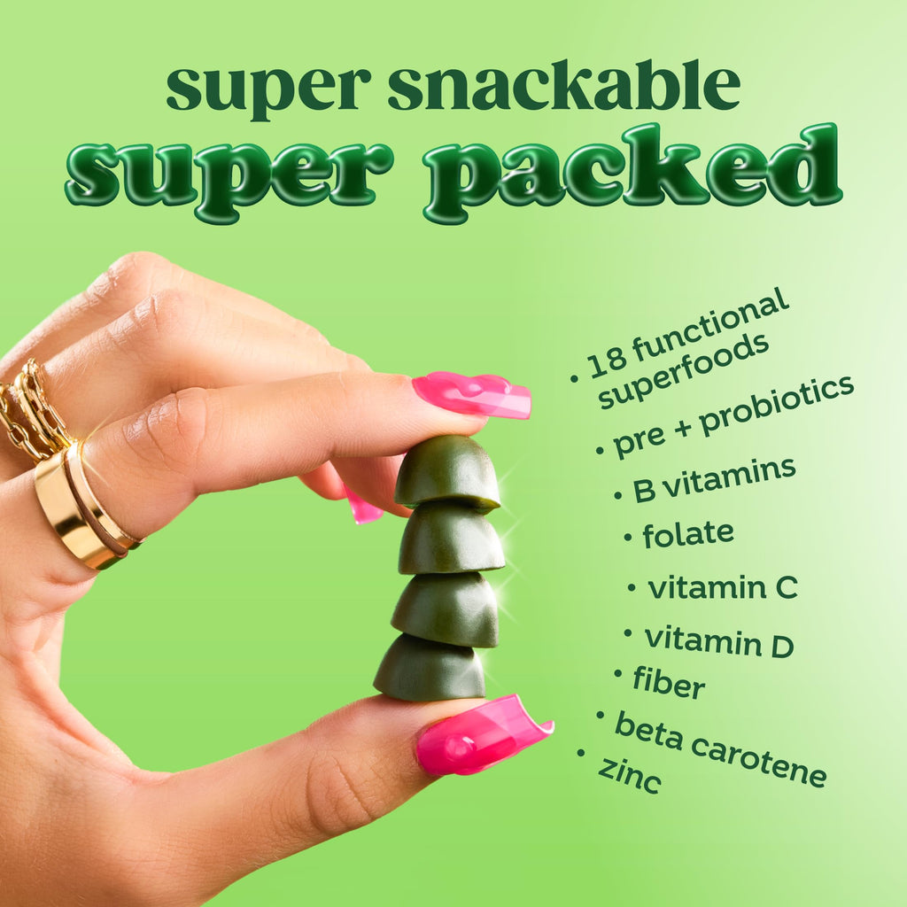 Bloom Super Greens Gummies, Daily Greens Superfood Fiber Gummies with Fruits, Vegetables, Vitamins & Minerals for Digestive & Gut Health, Bloating Support, Strawberry Kiwi, 12 Servings (48 Total)