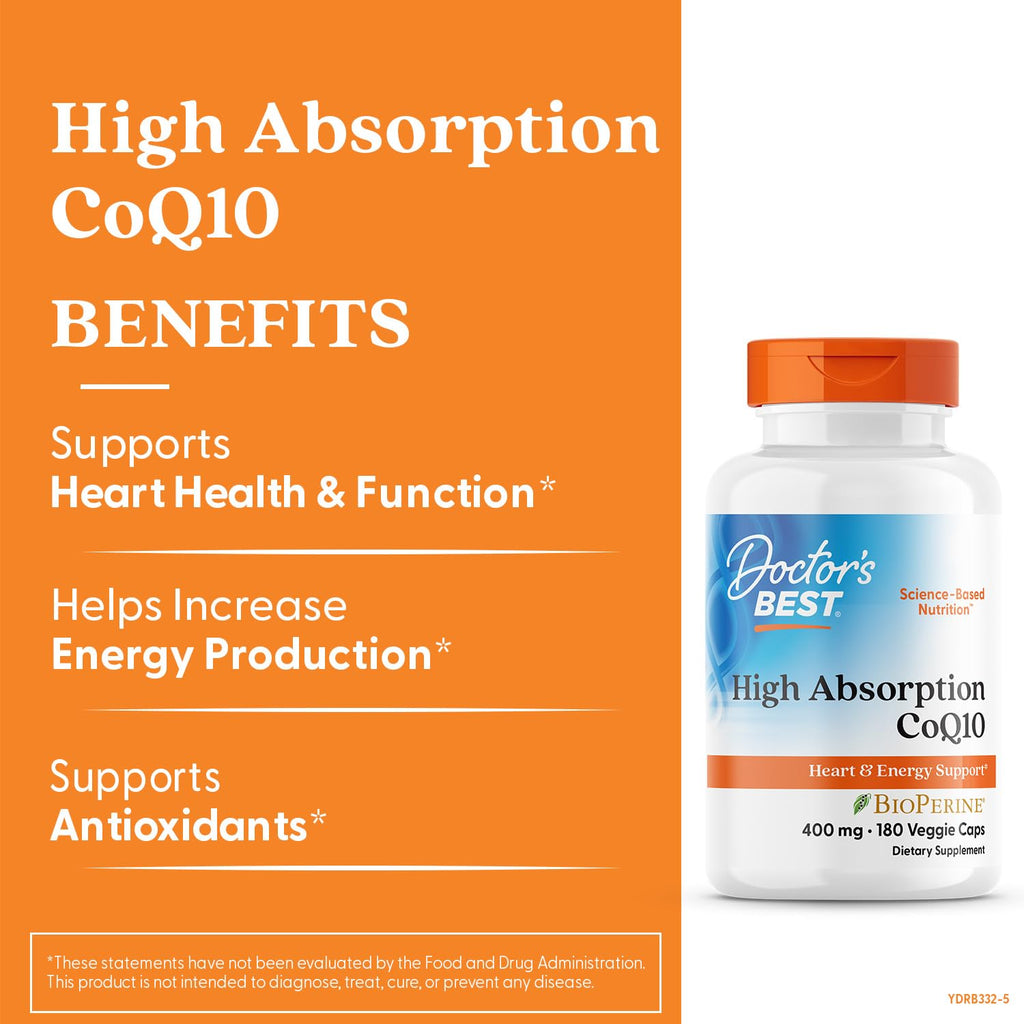 Doctor's Best High Absorption CoQ10 400mg with BioPerine Supplement - Coenzyme Q10 Caps for Heart Health & Antioxidant Support, CoQ10 400 mg for Women & Men, Non GMO - 180 Veg Capsules