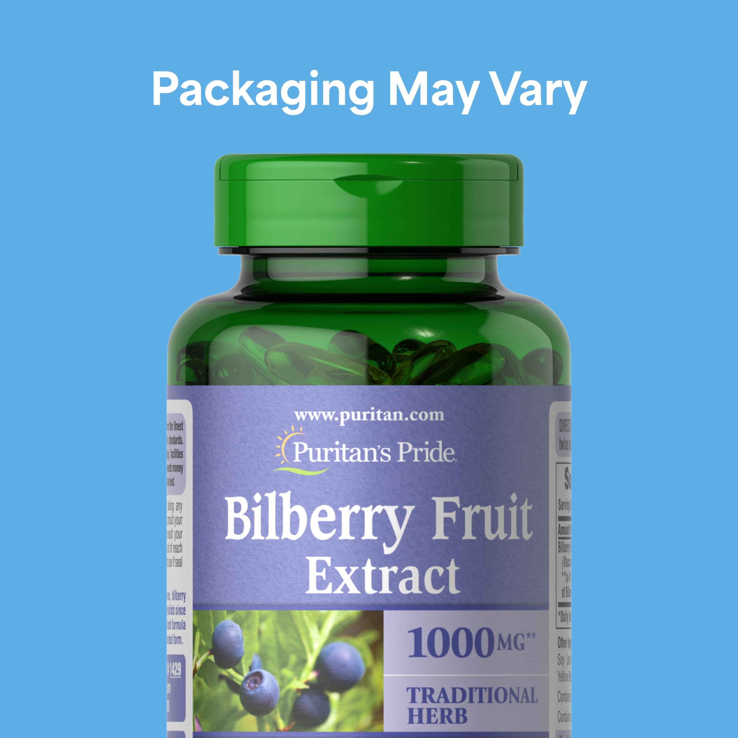 Puritan's Pride Premium Bilberry Fruit Extract 250 mg, 4:1 Concentrated Herbal Supplement, Vitamin C, 3 to 6 Month Supply, 180 Rapid Release Softgels(Packaging May Vary)
